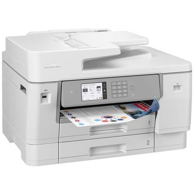 Ein multifunktionaler Drucker mit einem Farbdisplay druckt ein Dokument. Zwei Papierfächer sind sichtbar, beschriftet mit '1' und '2'.