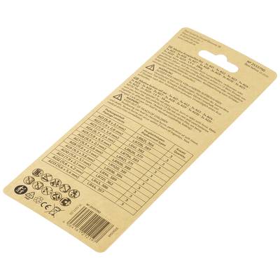 Rückseite einer Verpackung mit Tabellen zu verschiedenen Motormodellen und Anweisungen in mehreren Sprachen. Enthält Symbole und Barcode.