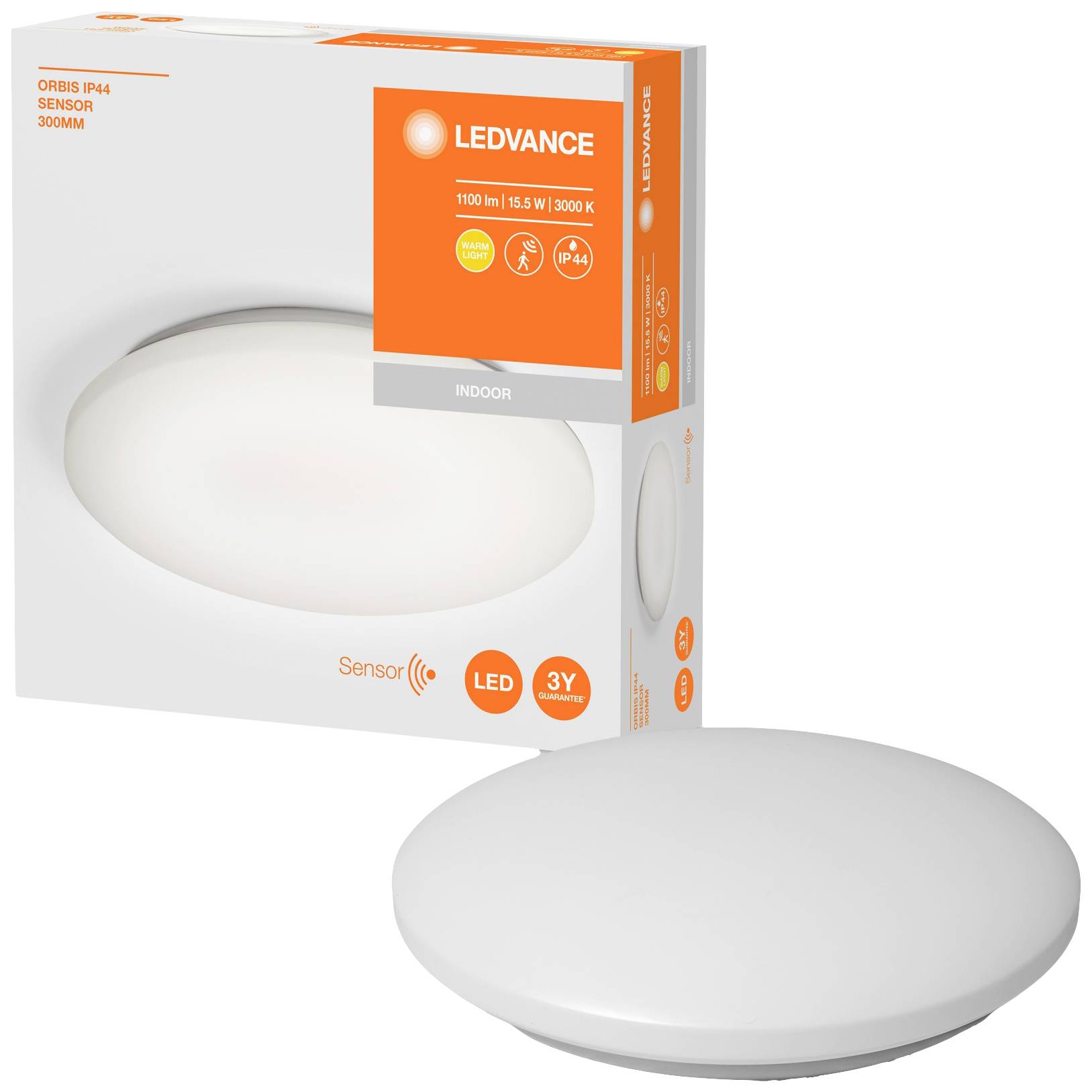 Deckenleuchte mit Sensor von LEDVANCE, 300mm, 1100 Lumen, 15,5W, warmweißes Licht (3000K), für den Innenbereich, dreijährige Garantie.