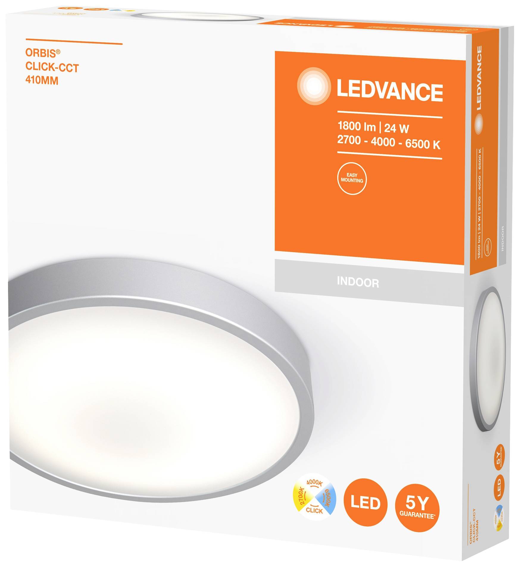 Verpackung einer LED-Deckenleuchte von Ledvance. Merkmale: 1800 Lumen, 24 Watt, Farbtemperatur wählbar von 2700K bis 6500K.