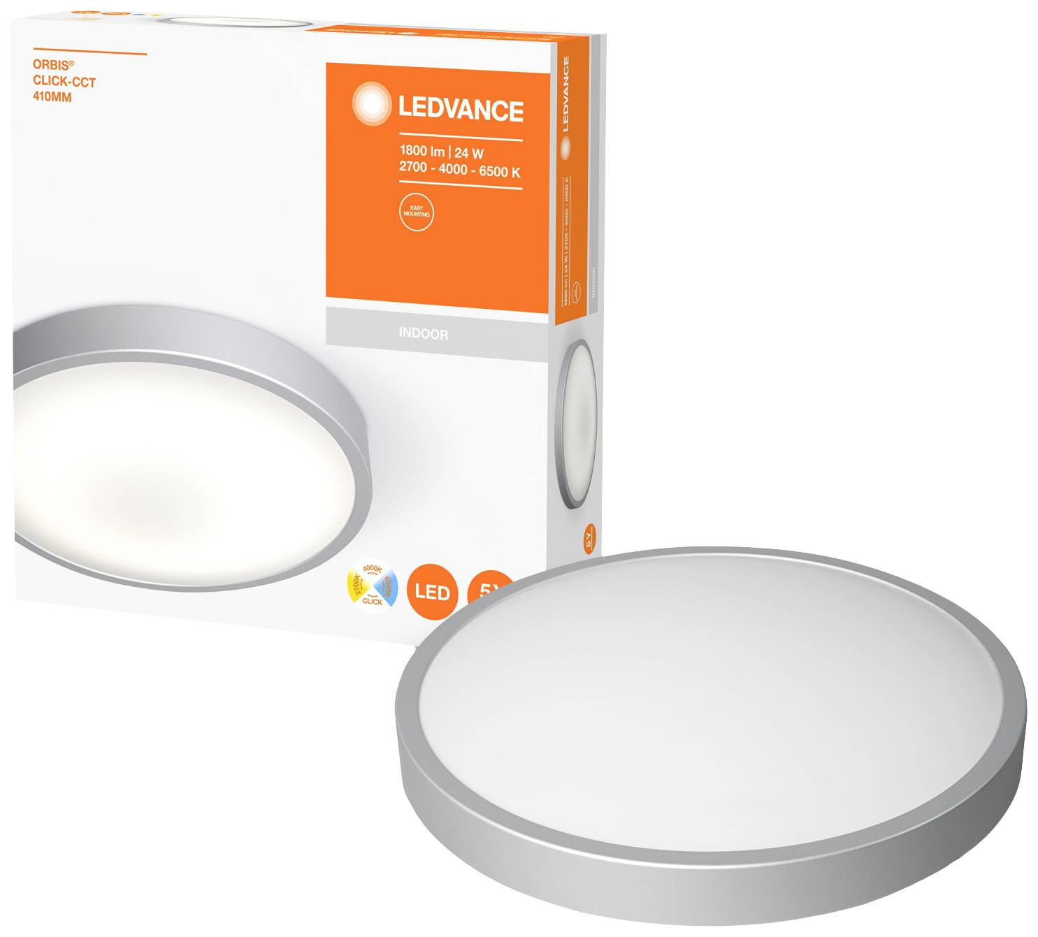 Verpackung und LED-Deckenleuchte der Marke 'Ledvance'. Produktinformationen: 18W, 24W, 2700-6500K, geeignet für den Innenbereich.