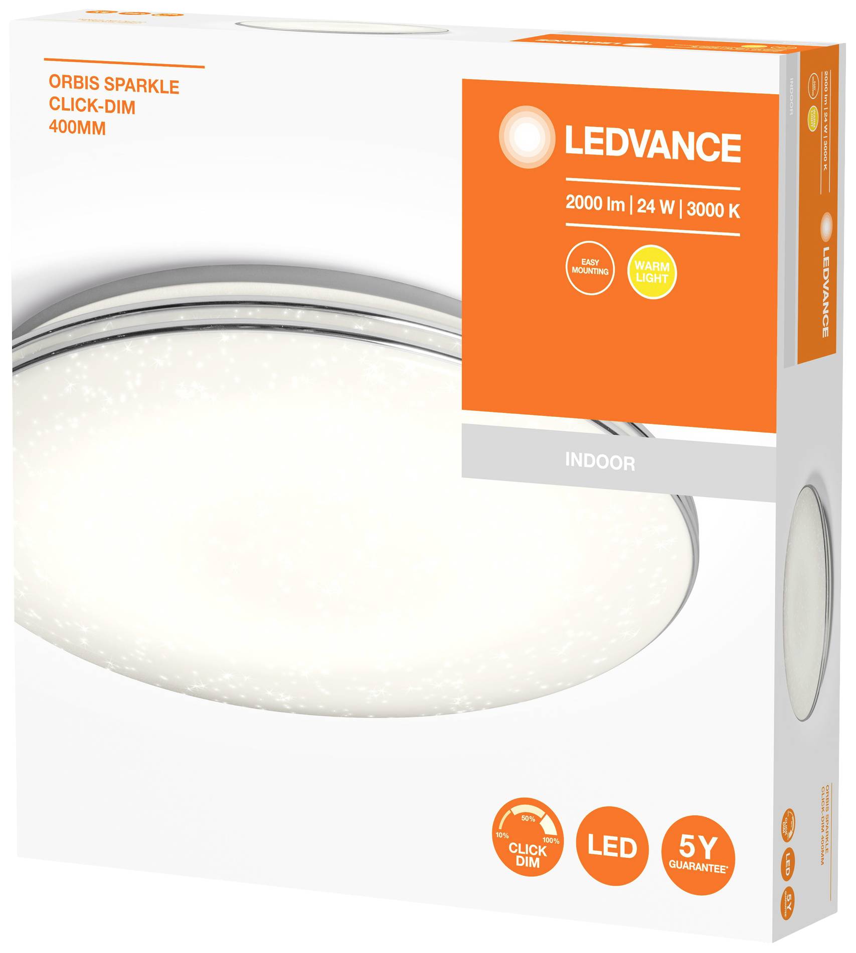 Verpackung einer LED-Deckenleuchte, Marke LEDVANCE, Modell 'Orbis Sparkle', 24 W, 2000 lm, 3000 K, für den Innenbereich, fünf Jahre Garantie.