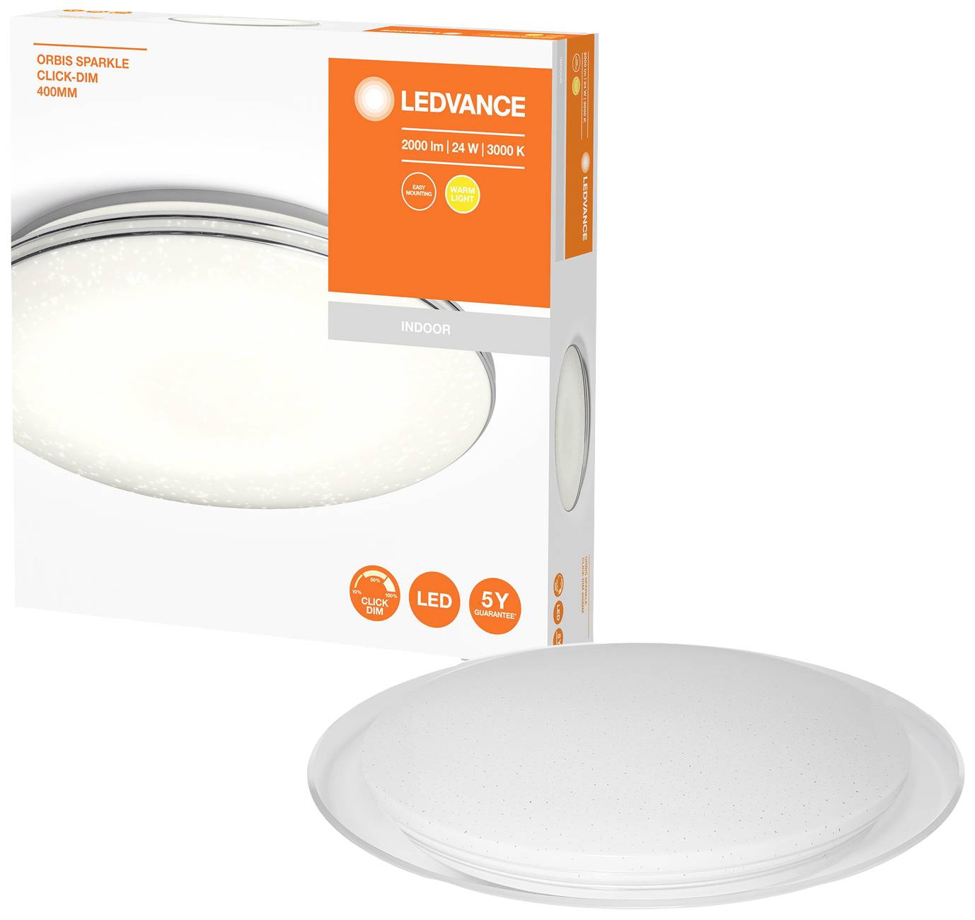 LEDVANCE LED-Deckenleuchte 'ORBIS SPARKLE', 24W, 2000lm, 3000K, runde Form, geeignet für Innenräume, dimmbar, Energieeffizienz: LED.