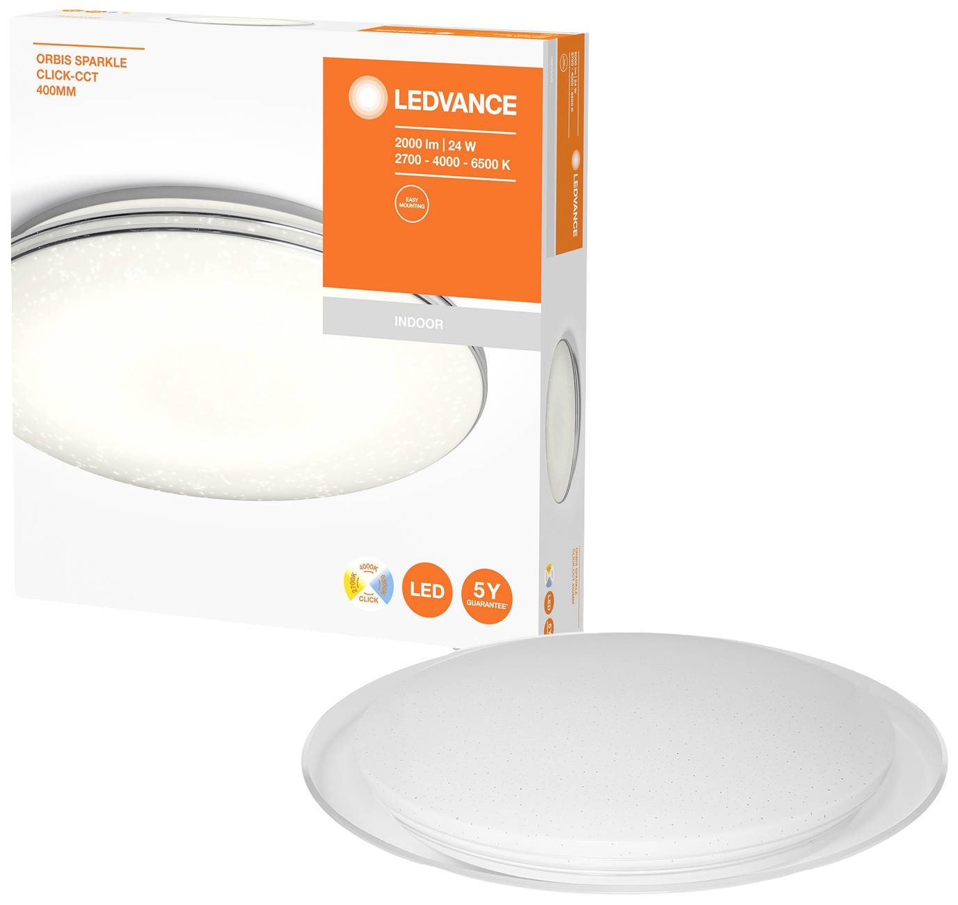 Verpackung einer LED-Deckenleuchte von Ledvance, Modell 'Orbis Sparkle'. Die Lampe hat eine Leistung von 24W und Farbtemperaturen zwischen 2700-6500K.