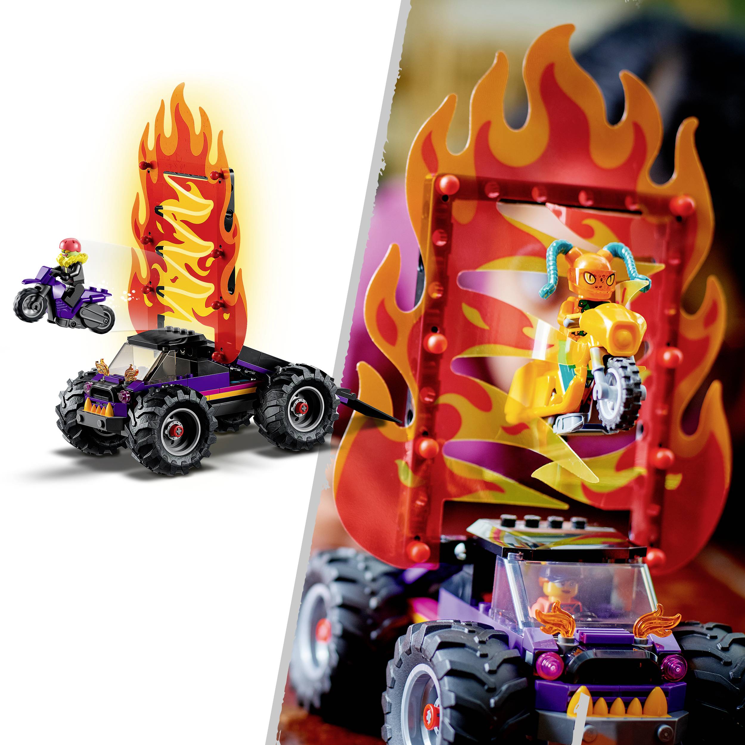 Spielzeug-Motorradfahrer springt durch einen brennenden Reifen auf einem Monstertruck, daneben das Baukastenset-Modell.