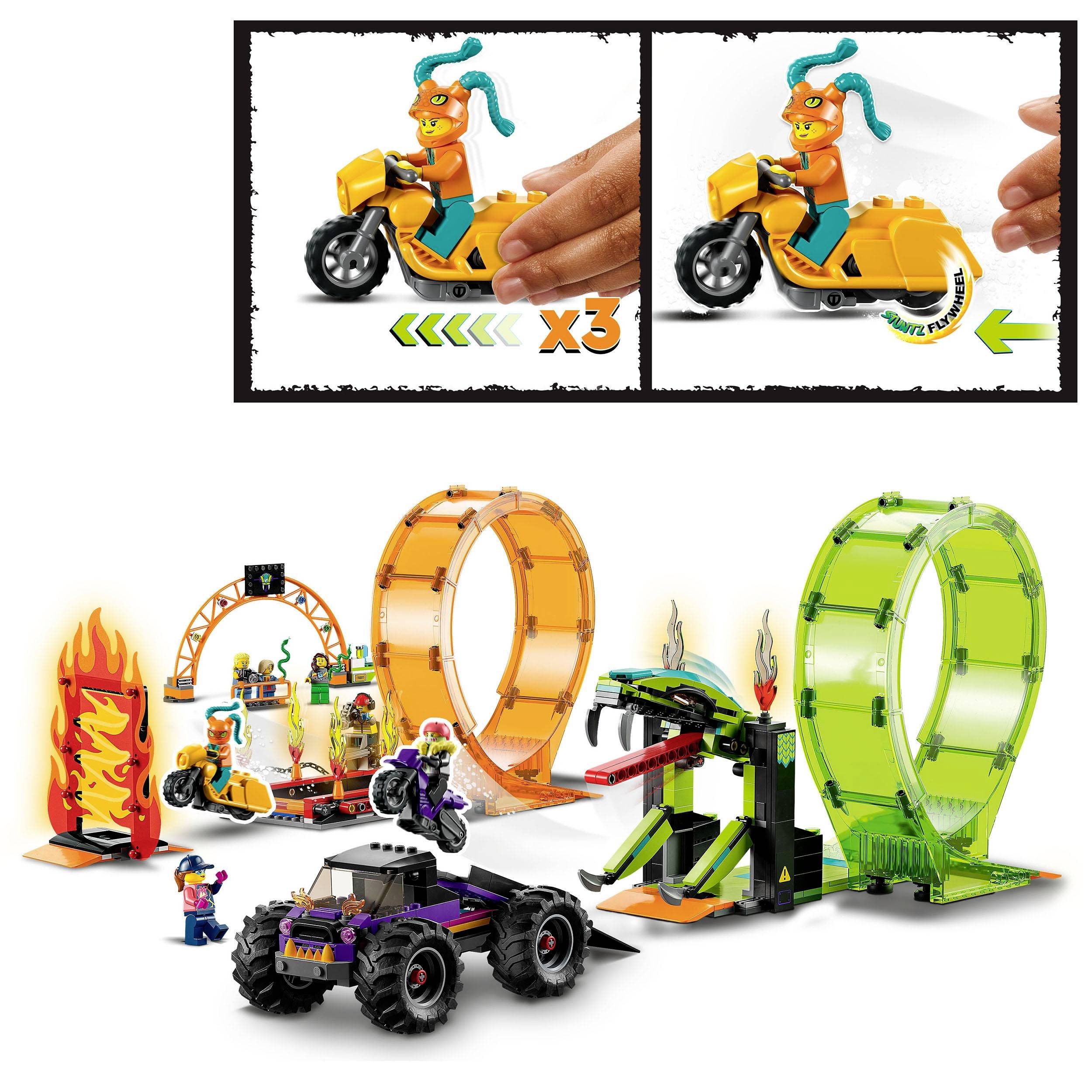 'Bunte Spielzeug-Motorrad- und Auto-Set mit Rampen und Hindernissen, das zusammenmontiert wird. Hauptaugenmerk auf einem Motorradfahrer.'