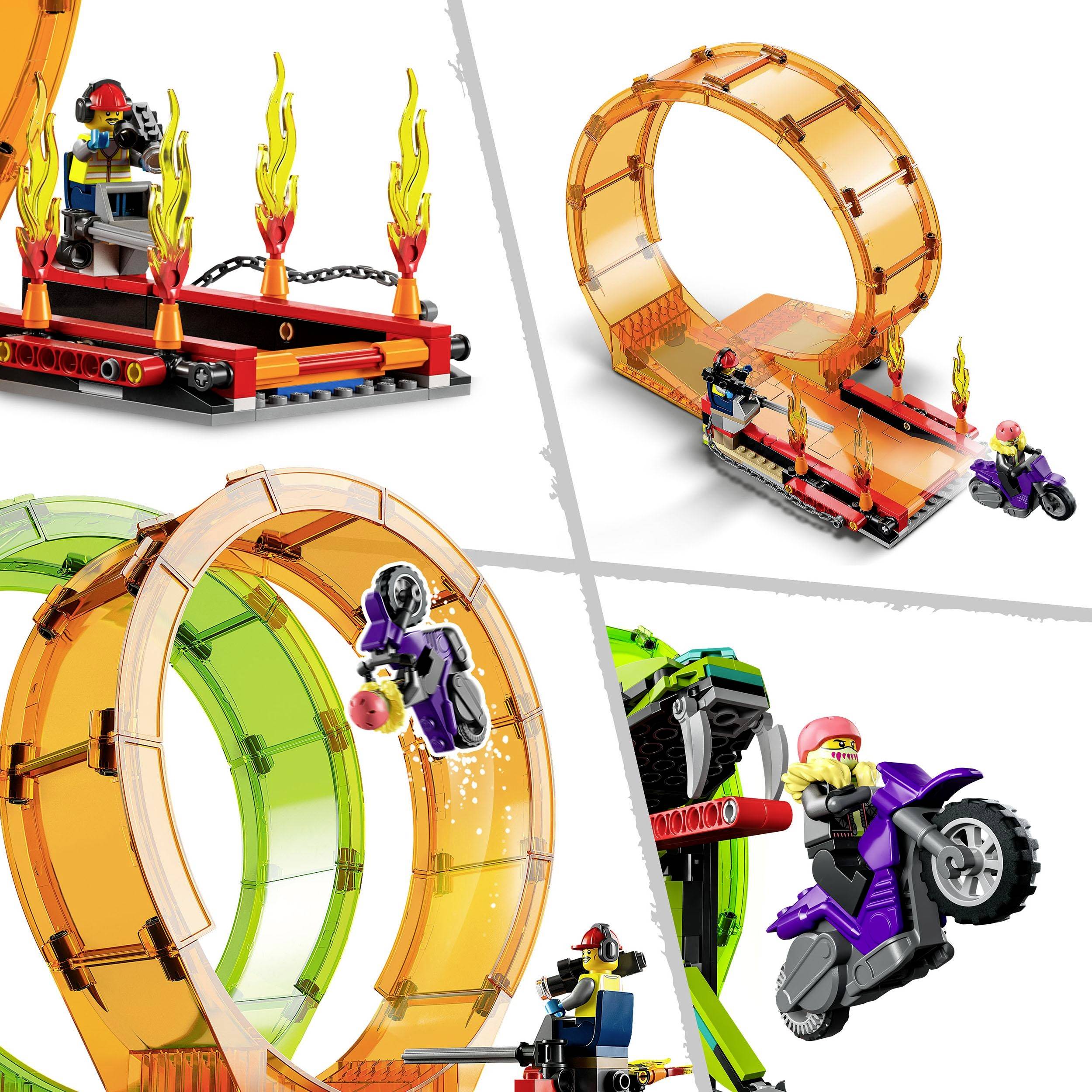 Spielzeug-Set mit Motorrädern, Flammenring und Spiralenlooping. Figuren führen Stunts aus. Enthält orange und grüne Elemente.