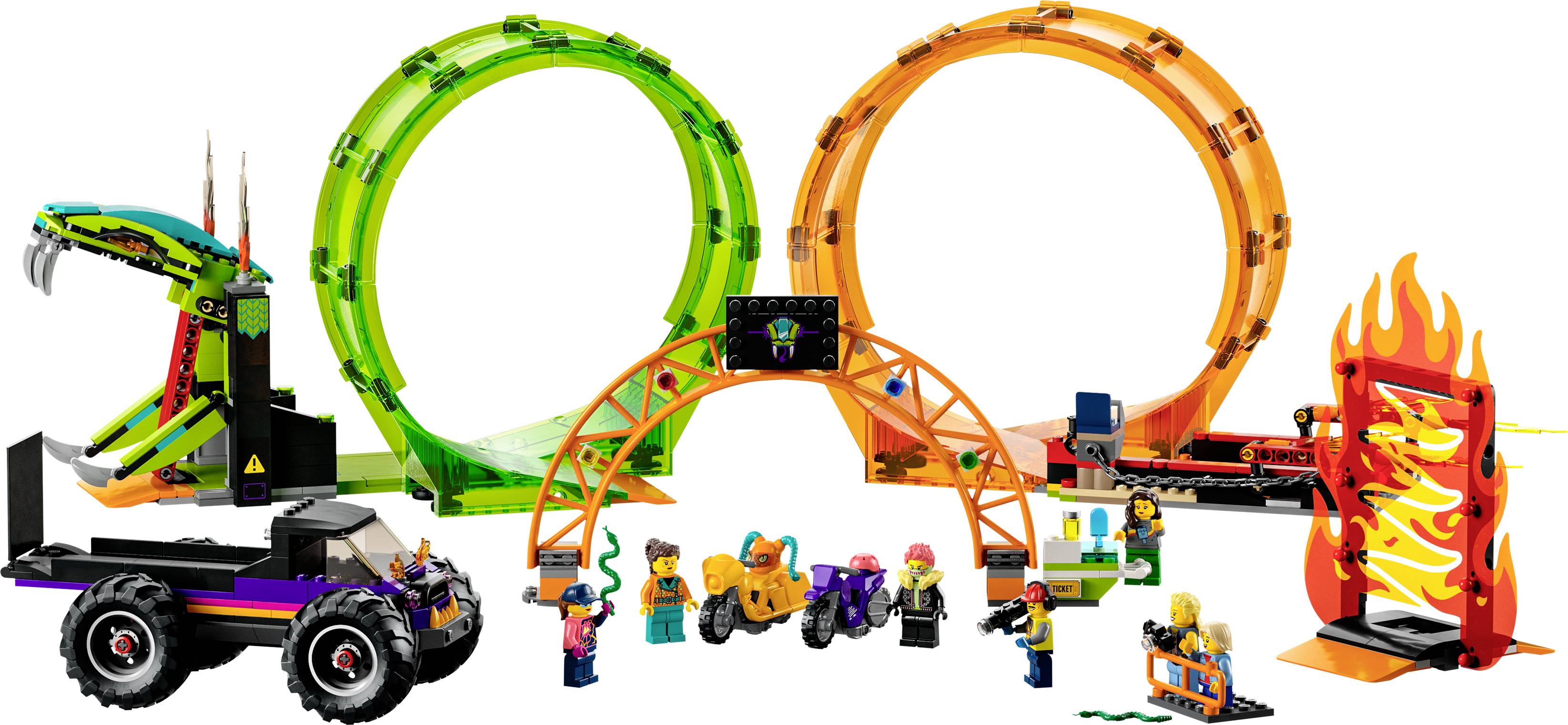 Spielzeug-Set mit zwei Loopings, einem feuerspeienden Hindernis, einer Schlange, Fahrzeugen und Figuren. Actionreiches Spielthema.