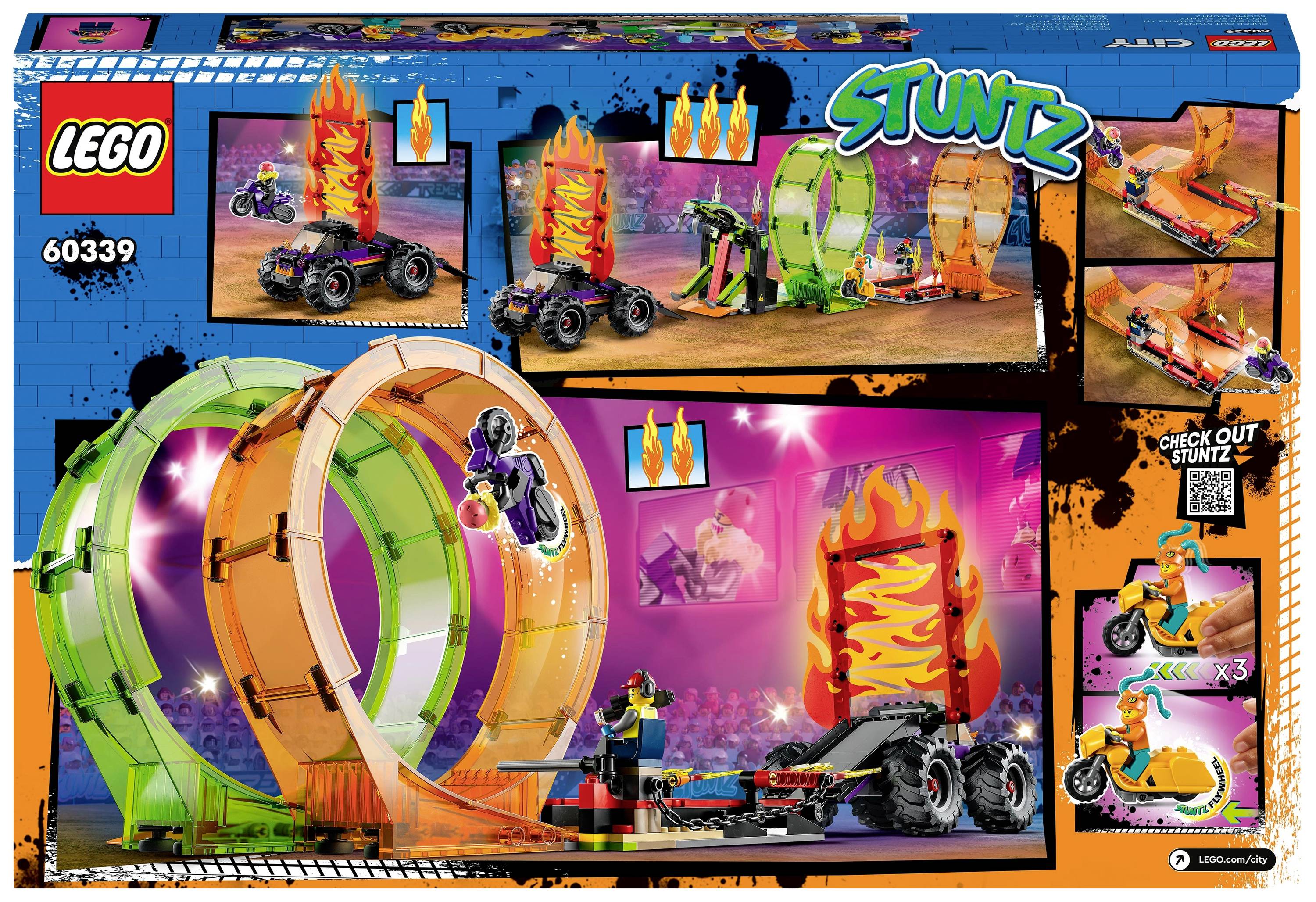 'LEGO Stunt-Set mit Motorradfahrer, Rampen und Feuerschleifen. Enthüllt spektakuläre Stunt-Szenarien mit beeindruckenden Effekten.'