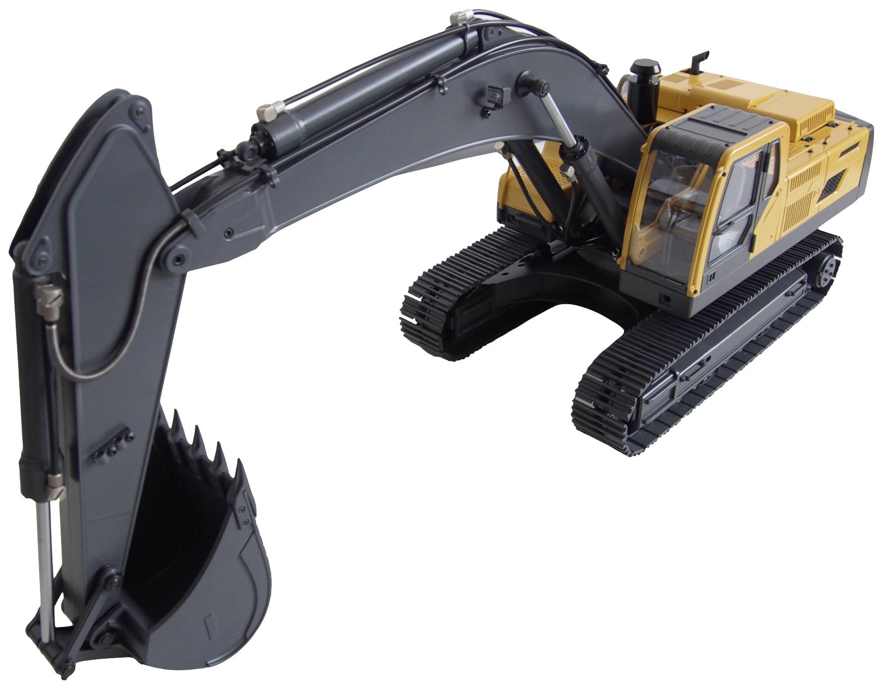 Ein gelber Bagger auf Raupenketten mit einem ausgefahrenen Arm und Schaufel, dargestellt auf weißem Hintergrund.