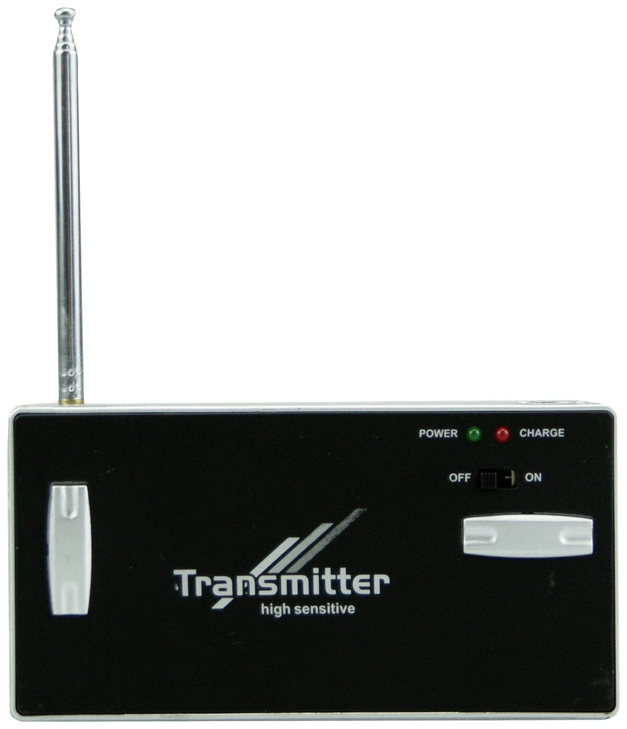 Schwarzer Funktransmitter mit Antenne, Schalter und Anzeigeleuchten für 'Power' und 'Charge'. Aufschrift: 'Transmitter high sensitive'.