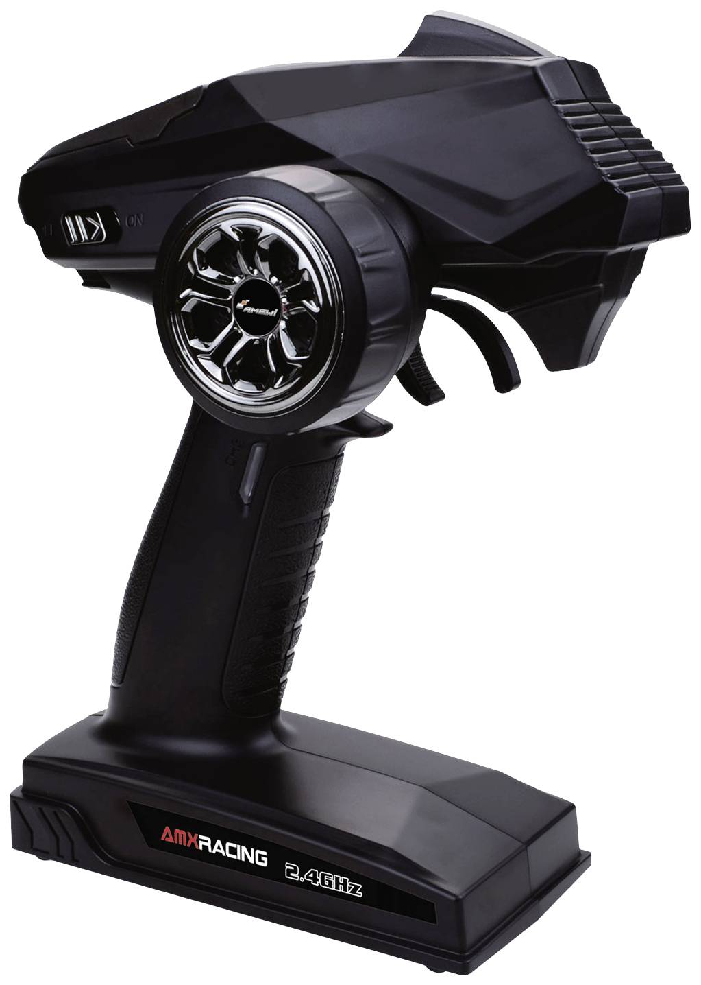 Ferngesteuertes Auto-Controller in Schwarz mit ergonomischem Griff und Digitalanzeige. Modell: "AMX RACING 2.4 GHz".