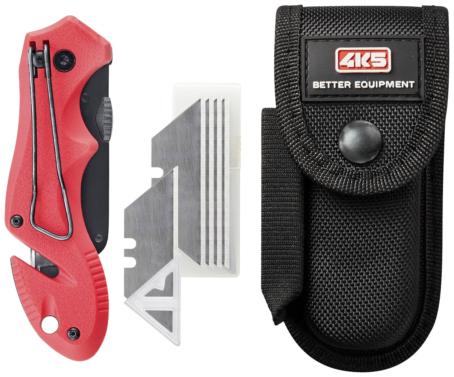 Rotes Klappmesser mit Sicherheitsgurt-Schneider, Ersatzklingen und schwarzer Gürteltasche mit '4KS Better Equipment'-Logo.