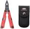 Rotes Multitool mit mehreren Funktionen, darunter Zangen, neben einer schwarzen Gürteltasche mit Druckknopfverschluss.