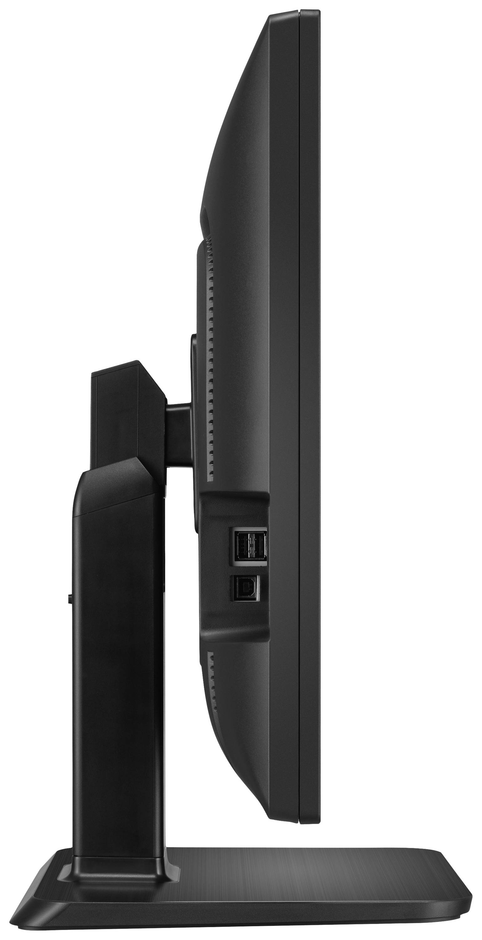 Computerbildschirm in Seitenansicht, zeigt schlanken Rahmen und Standfuß. Zwei USB-Anschlüsse sind sichtbar auf der Rückseite.
