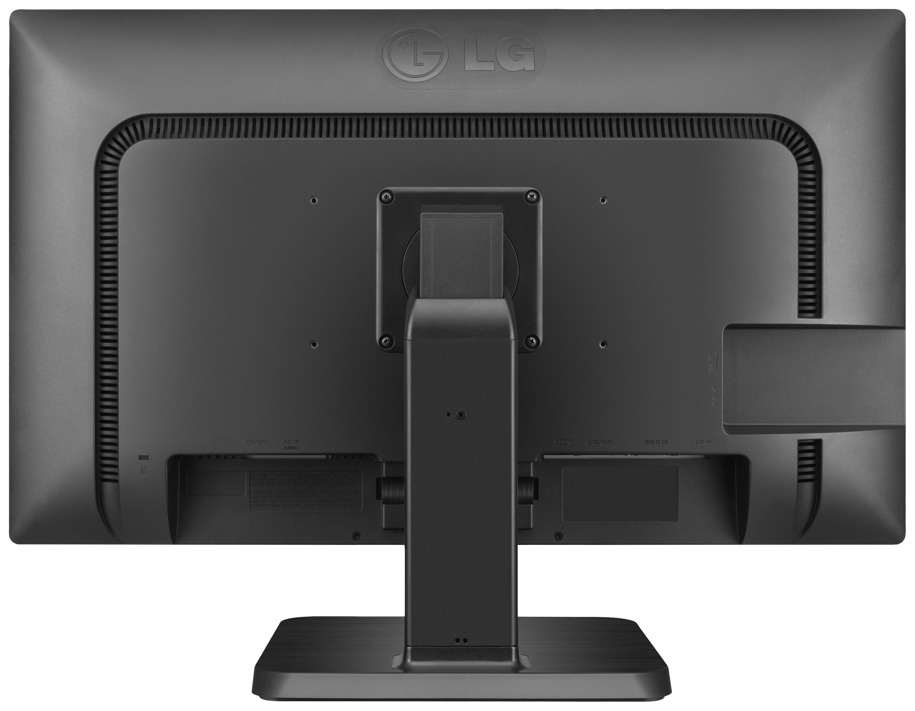 Ein schwarzer Computermonitor von hinten, zeigt das Standfußdesign und das Lüftungsgitter oben.