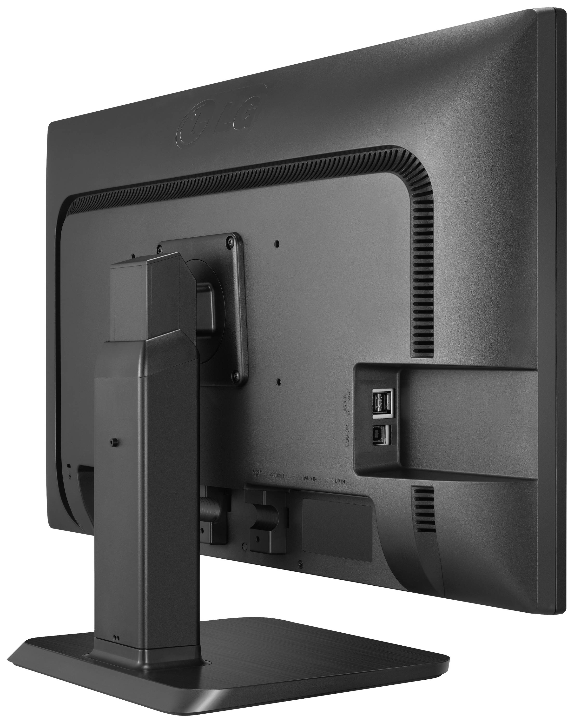 Rückansicht eines schwarzen Computermonitors mit Standfuß. Zeigt Anschlüsse und Lüftungsschlitze an der Rückseite.