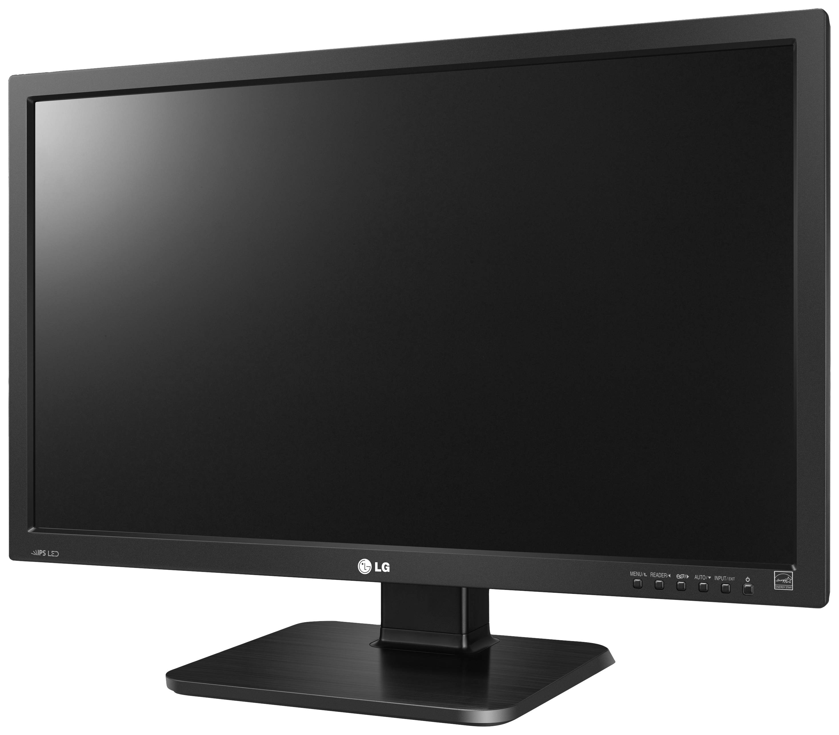 Ein schwarzer Computerbildschirm von LG, leicht schräg nach rechts gedreht, auf einem rechteckigen Standfuß.