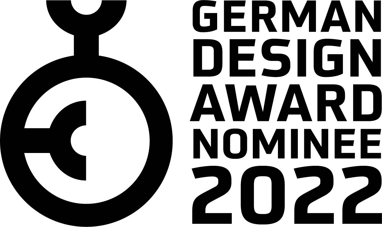 Logo mit stilisiertem Symbol links und Text rechts: 'German Design Award Nominee 2022'.