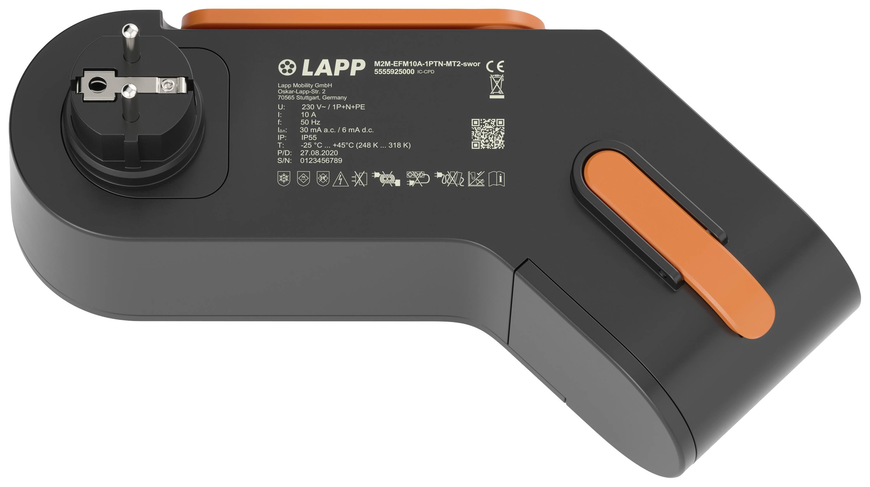 Ein schwarzes und orangefarbenes Ladegerät der Marke LAPP mit technischen Spezifikationen auf der Oberseite.