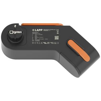 Ein schwarzes und orangefarbenes Ladegerät der Marke LAPP mit technischen Spezifikationen auf der Oberseite.