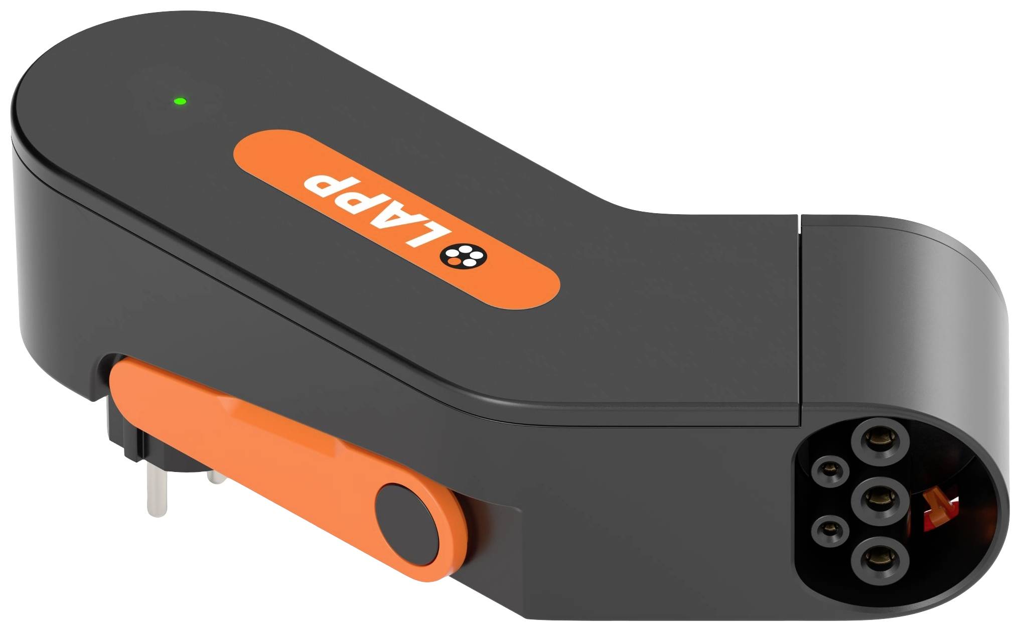 Eine elektrische Ladesteckvorrichtung mit orangefarbenem Lapp-Logo auf schwarzem Gehäuse. Links ein grünes LED-Licht.