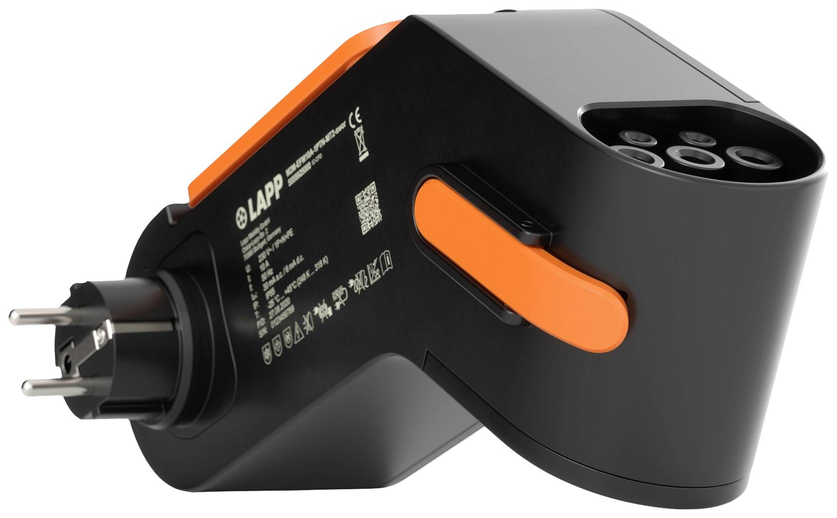 Ein schwarzes Ladegerät mit orangefarbenen Akzenten. Es hat einen Eurostecker und mehrere Anschlüsse.