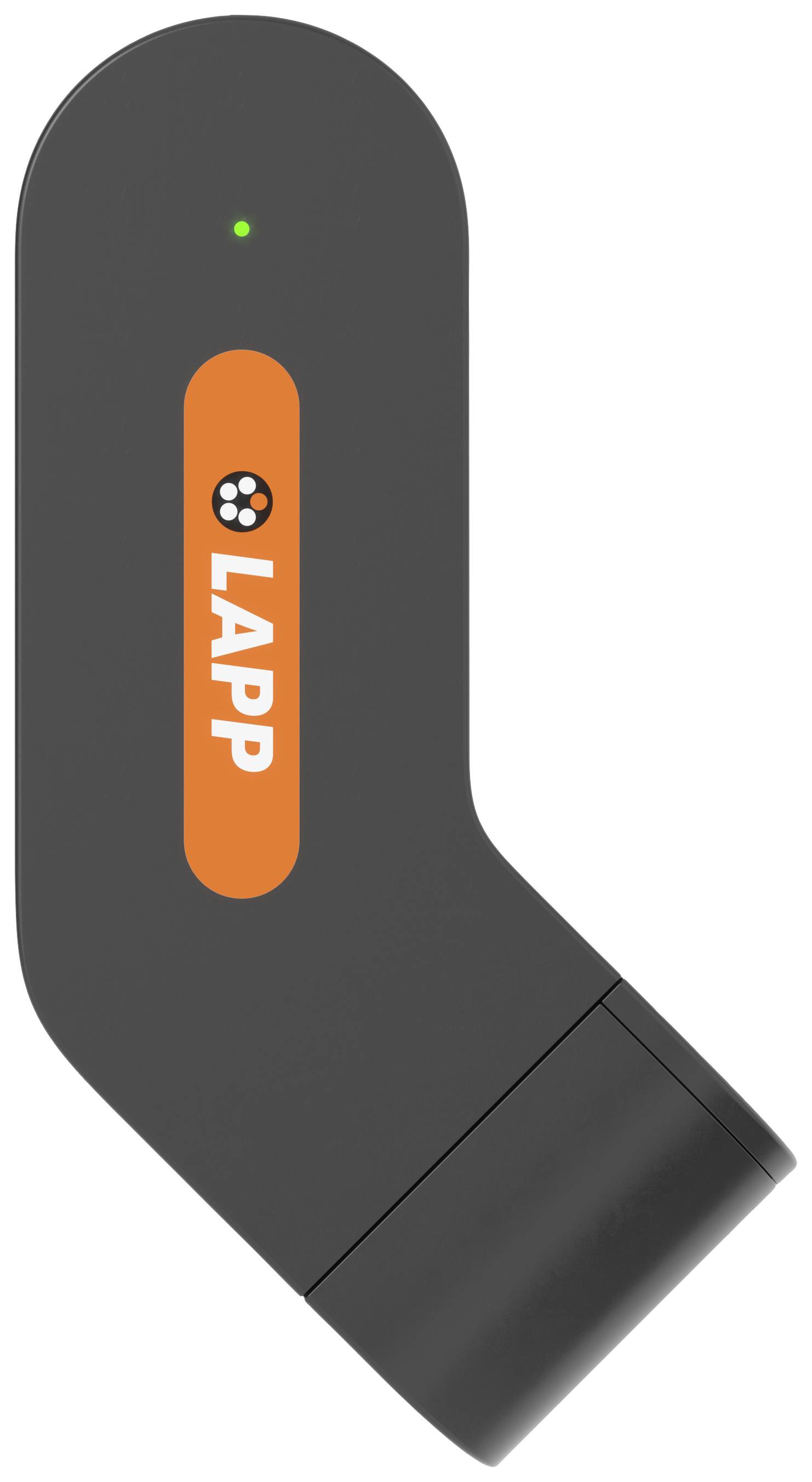 Schwarzer, L-förmiger Adapter mit orangefarbenem Logo von 'LAPP' und grünem Licht, repräsentiert ein elektronisches Gerät.