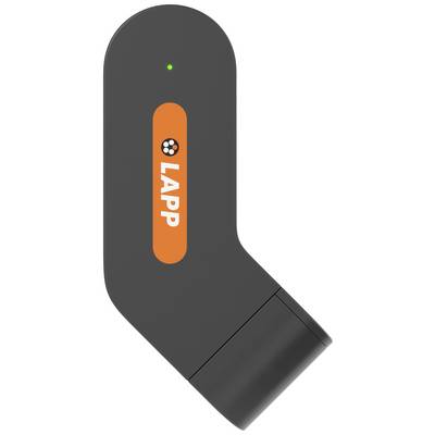 Schwarzer, L-förmiger Adapter mit orangefarbenem Logo von 'LAPP' und grünem Licht, repräsentiert ein elektronisches Gerät.