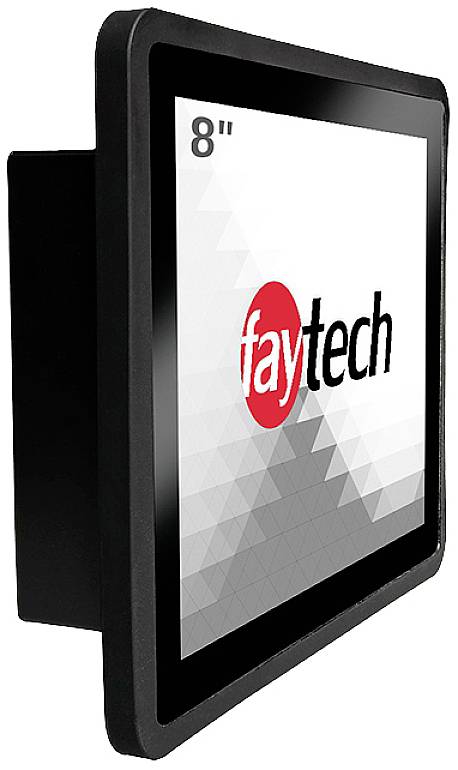 Ein schwarzer 8-Zoll-Monitor mit dem Logo 'faytech' auf dem Bildschirm. Der Monitor hat einen leicht geneigten Bildschirm.