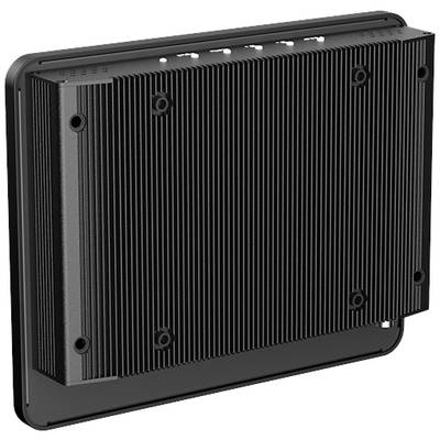 Ein rechteckiges, schwarz geripptes Metallgehäuse eines elektronischen Geräts, möglicherweise ein Lüfterloser PC oder ähnliche Hardware.