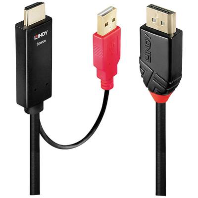 Zwei Kabel mit Steckern: links ein schwarzer HDMI-Stecker mit 'Source'-Aufdruck, rechts ein DisplayPort-Stecker; USB-Stecker in der Mitte.