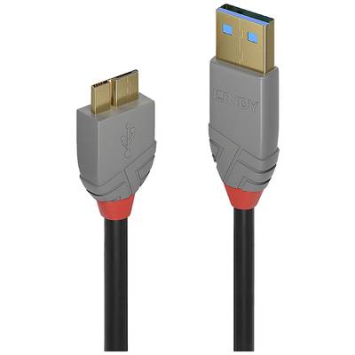 USB 3.0 Kabel mit einem Typ A Stecker und einem Micro B Stecker. Das Kabel ist schwarz mit grauen Anschlüssen und roten Akzentuierungen.