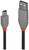 Ein graues USB-Kabel mit schwarzen Anschlüssen, links Mini-USB, rechts Standard-USB. Geeignet für Datenübertragung und Laden.