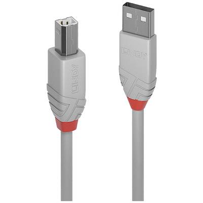 USB-Kabel mit grauem Gehäuse und rot-markierten Stellen. Links: quadratischer Stecker, rechts: rechteckiger Stecker.