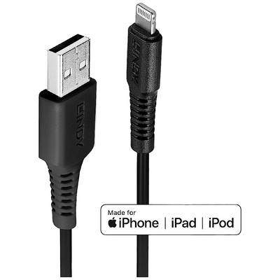 Schwarzes USB-auf-Lightning-Kabel, kompatibel mit iPhone, iPad und iPod.