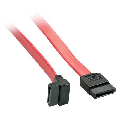 Zwei rote SATA-Kabel, eines mit einem rechtwinkligen Stecker und eines mit einem geraden Stecker, zum Verbinden von Festplatten.