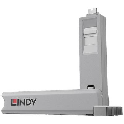 Grauer Türhebel mit LINDY-Logo, hochgeklappt, zeigt Hebelmechanismus.