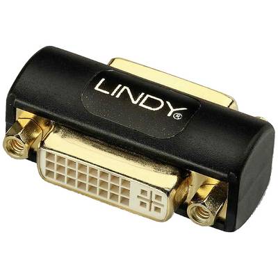 Ein DVI-Adapter mit schwarzem Gehäuse und vergoldeten Anschlüssen. Markiert mit 'LINDY'. Verwendet zur Verbindung von Videogeräten.