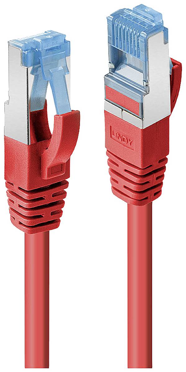 'Rote Netzwerkkabel mit Metallsteckern und blauen Plastikclips, geeignet für Datenverbindungen.'
