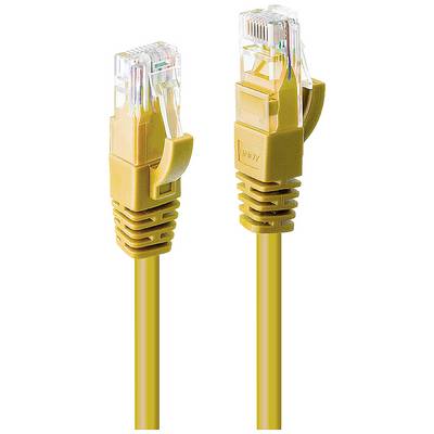 Ein gelbes Ethernet-Kabel mit zwei RJ-45-Steckern, häufig verwendet für kabelgebundene Internetverbindungen und Netzwerke.