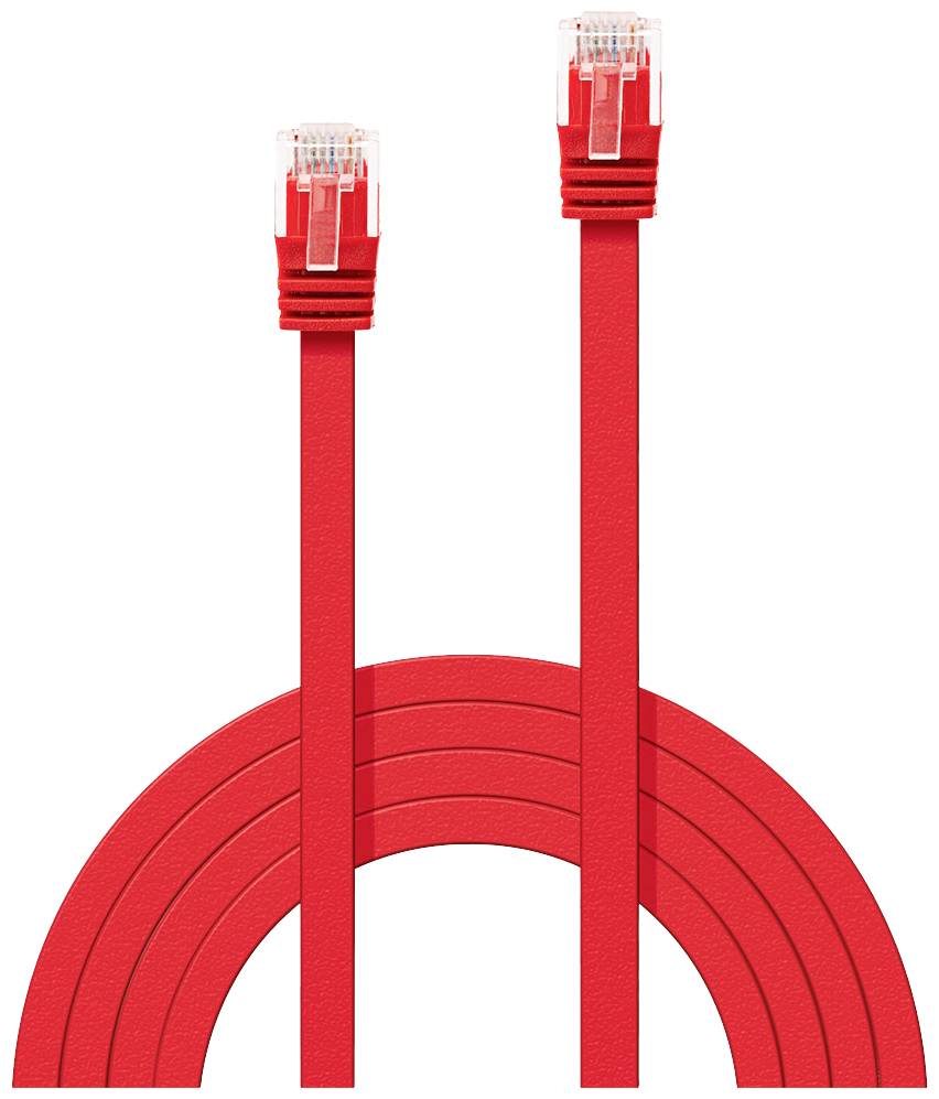 Zwei rote Ethernet-Kabel mit RJ45-Steckern, gebogen wie ein Bogen, symbolisieren Netzwerkverbindungen und Kommunikation.
