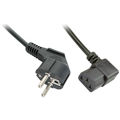 Ein schwarzes Netzkabel mit einem Schuko-Stecker links und einem IEC-C13-Stecker rechts; geeignet für elektronische Geräte.