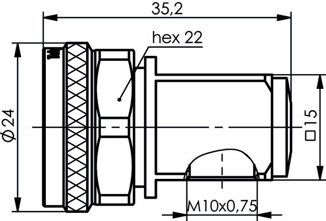 'Technische Zeichnung eines zylindrischen Bauteils mit Maßen: Länge 35,2 mm, Durchmesser 24 mm, Sechskant 22 mm, Gewinde M10x0,75.'