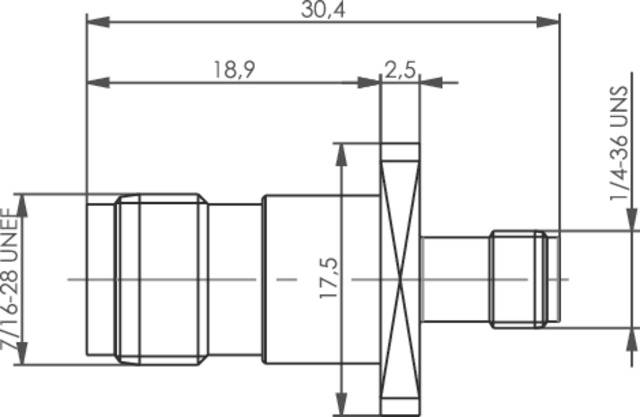 Technische Zeichnung eines Zylinders mit Abmessungen: Länge 30,4 mm, Durchmesser 17,5 mm, Gewinde '7/16-28 UNEF' links, '1/4-36 UNS' rechts.