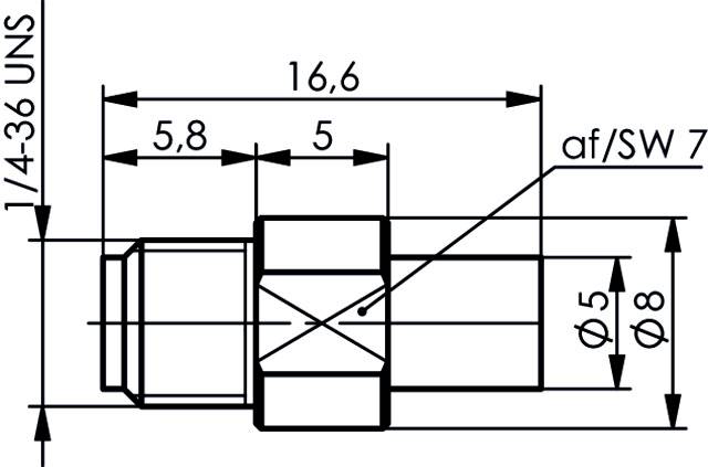 Technische Zeichnung eines Metallverbinders mit Abmessungen in Millimetern: Länge 16,6, Durchmesser 8, Gewinde 1/4-36 UNS.