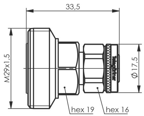 Technische Zeichnung eines Adapters mit Abmessungen: Gesamtlänge 33,5 mm, Gewinde M29x1,5, Durchmesser 17,5 mm, Sechskantgrößen 19 und 16.