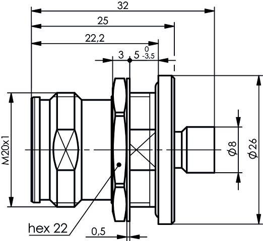 Technische Zeichnung einer mechanischen Verbindung mit genauen Abmessungen in Millimetern; Hexagonal 22, Durchmesser 8 und 26, Längen 25 und 32.