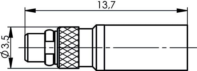 Technische Zeichnung eines zylindrischen Steckers. Gesamtlänge 13,7 mm, Durchmesser 3,5 mm. Enthält gerändelte Textur.