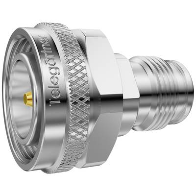 Metallschraubenverbinder von Telegärtner mit geriffeltem Rand und glatter Oberfläche, geeignet für Hochfrequenzanwendungen.